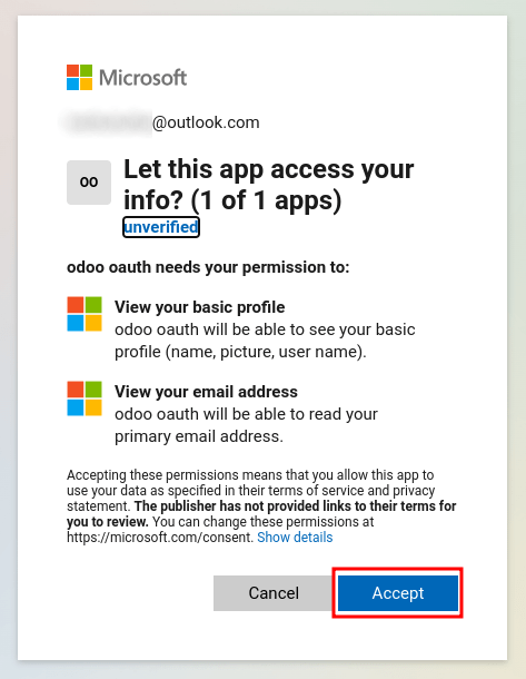 Chấp nhận các điều kiện của Microsoft để được quyền truy cập vào thông tin tài khoản của bạn.