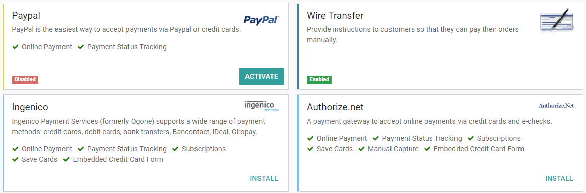 Nhấp vào Cài đặt, sau đó trên Activeat để cung cấp cho nhà cung cấp thanh toán trên ODOO.