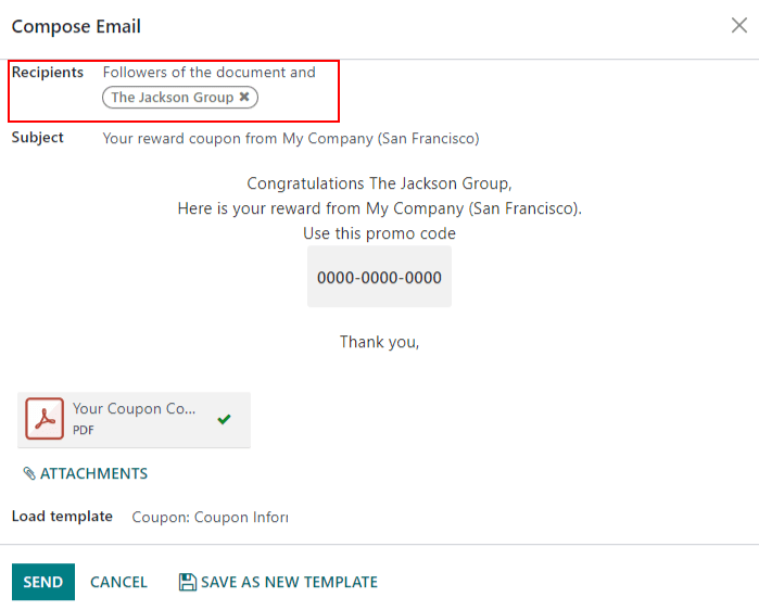 Xem một cửa sổ dự thảo email với mã phiếu giảm giá. 