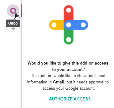Nút truy cập ủy quyền trong thanh bên phải của bảng plugin Odoo.