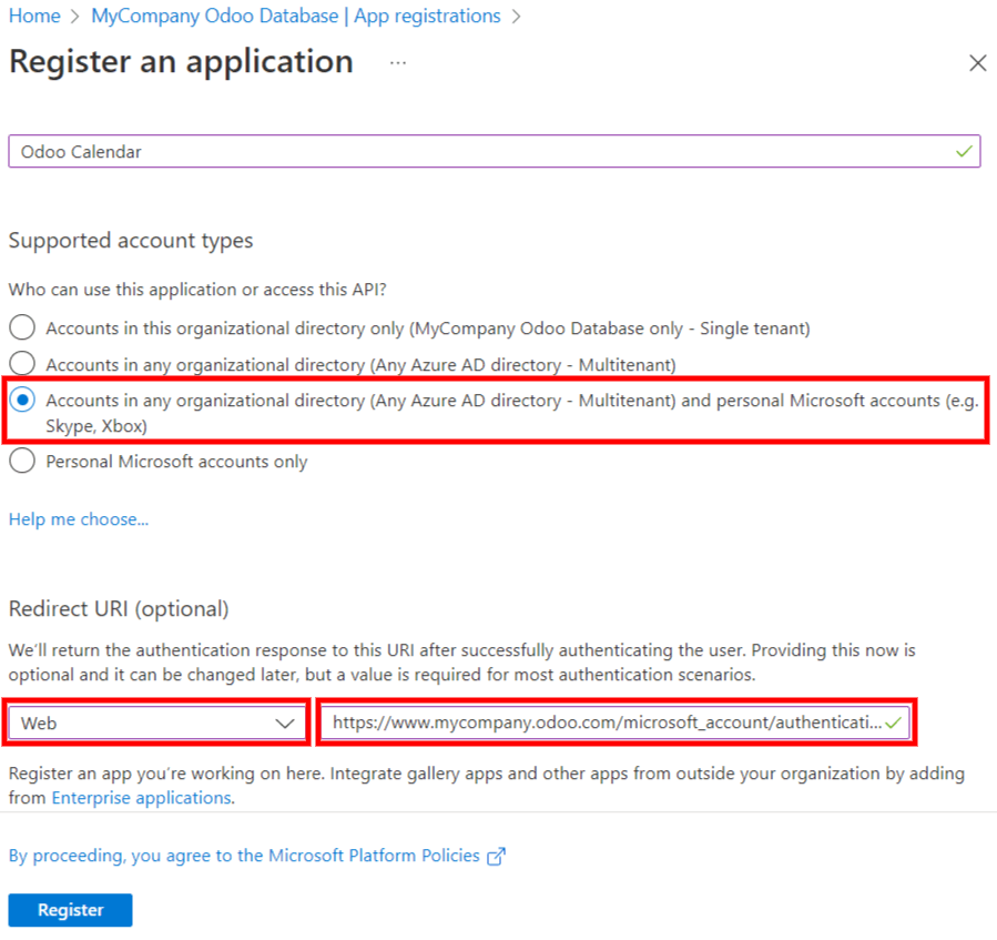 Cài đặt "Loại tài khoản được hỗ trợ" và "Chuyển hướng URI" trong Cổng thông tin Microsoft Entra ID.
