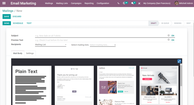 Xem một mẫu chi tiết email trống trong ứng dụng tiếp thị email Odoo.