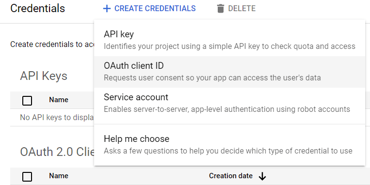 Lựa chọn ID máy khách OAuth. 