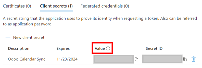 Mã thông báo "Bí mật khách hàng" sẽ được sao chép từ Microsoft sang Odoo.