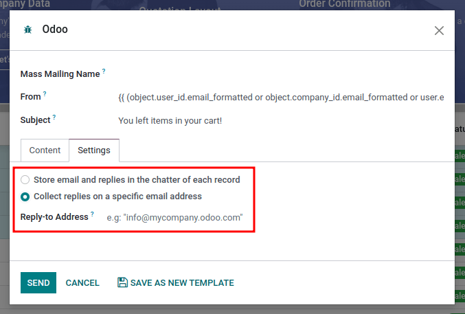 Nhà soạn nhạc email ở chế độ gửi thư hàng loạt với trả lời được tô sáng.