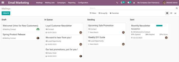 Xem bảng điều khiển chính của ứng dụng tiếp thị email ODOO.