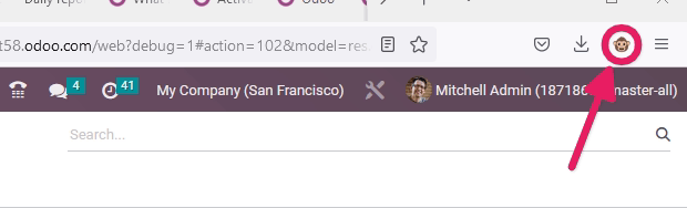 Xem biểu tượng gỡ lỗi của Odoo trên thanh công cụ Google Chrome.
