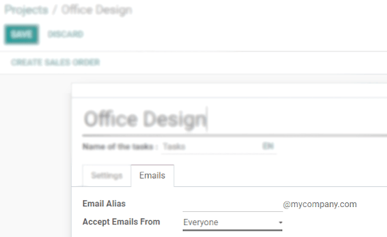 Trong các cài đặt của dự án của bạn, hãy xác định các email bí danh trong Email Tab trong Dự án Odoo