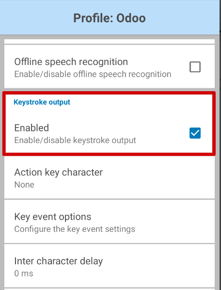 Hiển thị tùy chọn KeyStroke trong ứng dụng DataWedge của Zebra Scanner.