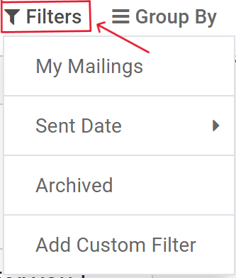 Xem các tùy chọn menu thả xuống Bộ lọc trên bảng điều khiển tiếp thị email Odoo.