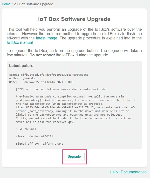 Nâng cấp phần mềm IoT Box trong trang chủ hộp IoT.