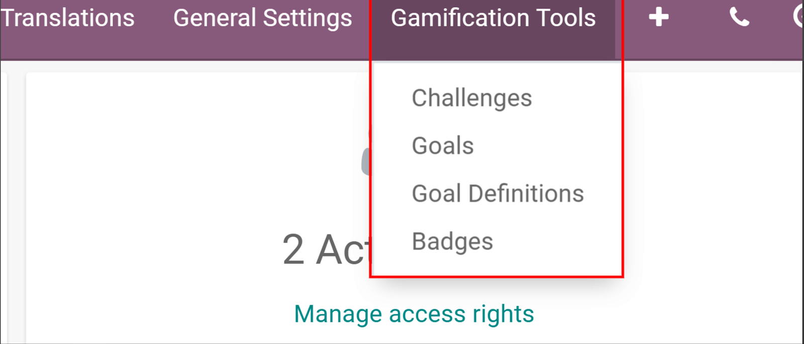 Xem nếu menu Công cụ Gamify trong Cài đặt Odoo