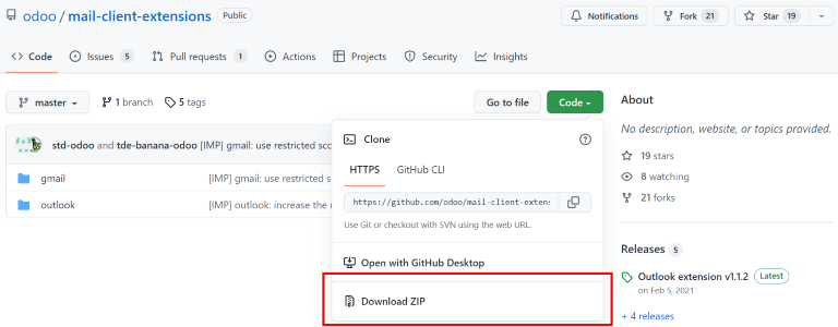 Tải xuống tệp zip từ kho lưu trữ Odoo GitHub cho các plugin thư.