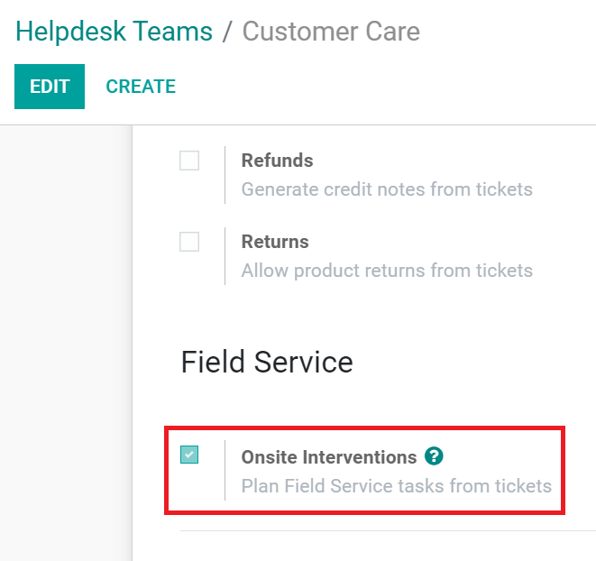 Cài đặt can thiệp tại chỗ trong Odoo Helpdesk