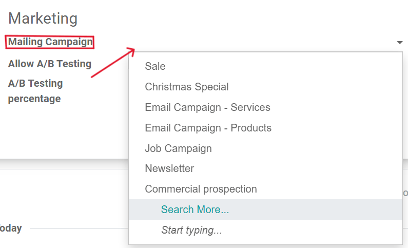 Xem menu thả xuống Chiến dịch gửi thư trong ứng dụng tiếp thị email Odoo.