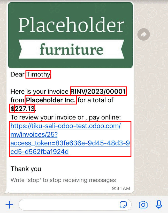 Tin nhắn WhatsApp với các biến động được tô sáng.