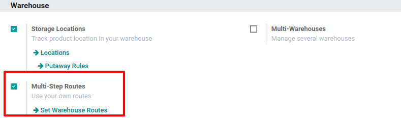 Kích hoạt tính năng tuyến đường nhiều bước trong kho Odoo.