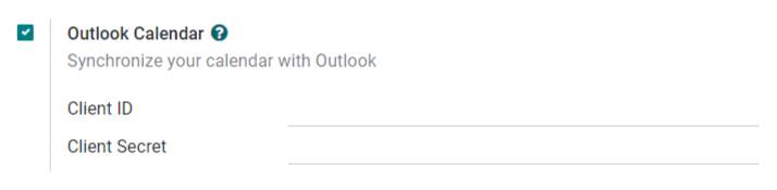 Cài đặt "Lịch Outlook" được kích hoạt trong Odoo.