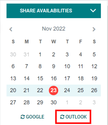 Nút đồng bộ hóa "Outlook" trong lịch Odoo.