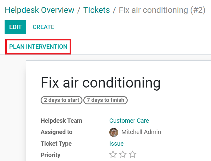 Kế hoạch can thiệp từ vé trợ giúp trong Odoo Helpdesk