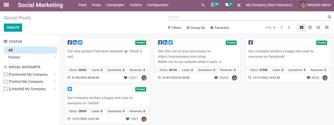 Kanban View của trang bài viết trong ứng dụng tiếp thị xã hội Odoo.