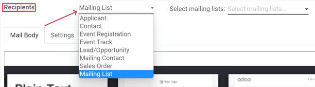 Xem menu thả xuống của người nhận trong ứng dụng tiếp thị email Odoo.