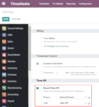 Chế độ xem cài đặt bảng thời gian cho phép tắt thời gian ghi tính tính năng trong bảng thời gian Odoo