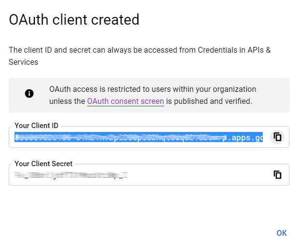 ID máy khách Google OAuth được tạo.