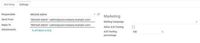 Chế độ xem tab Cài đặt trong Marketing email Odoo khi cài đặt được kích hoạt.