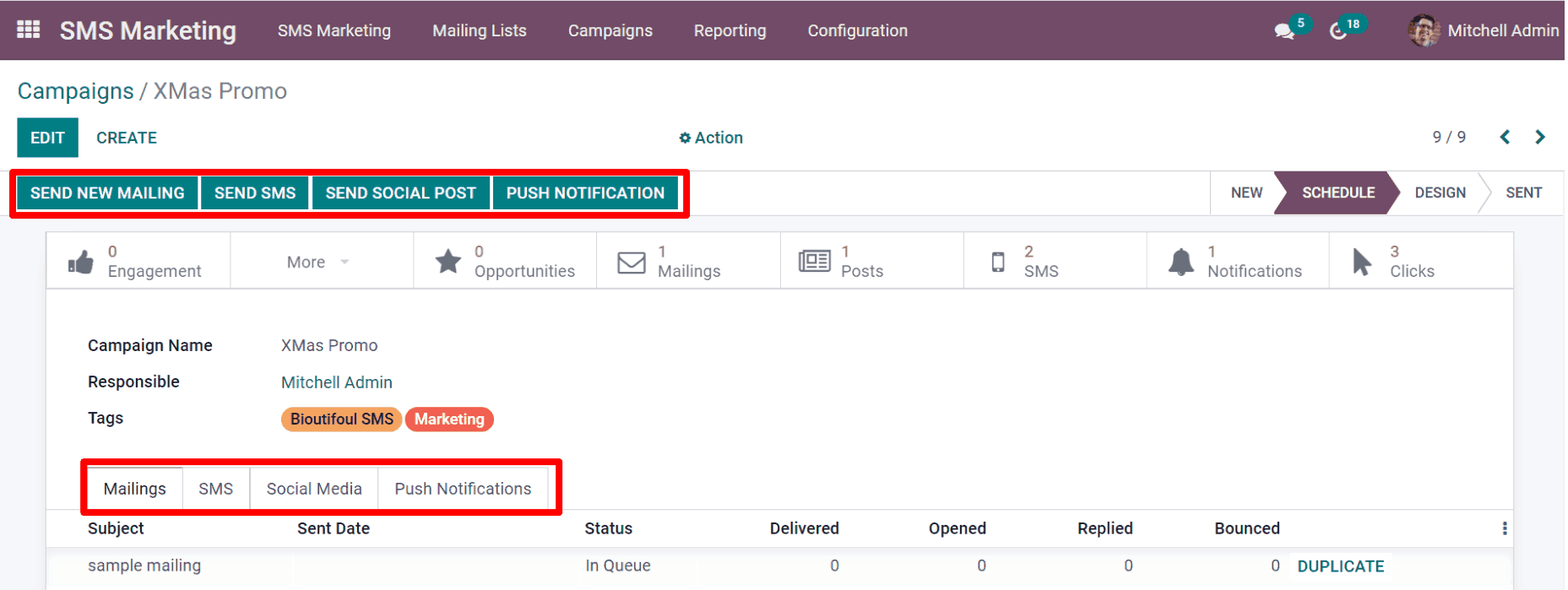 Xem một mẫu chiến dịch SMS trong tiếp thị ODOO SMS.