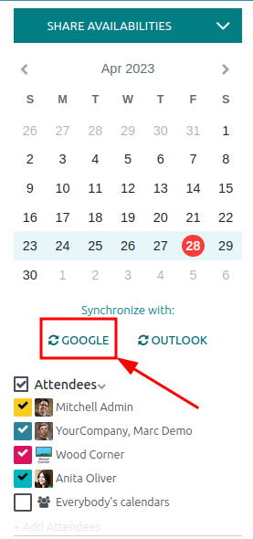 Nhấp vào nút Google Sync trong lịch ODOO để đồng bộ hóa lịch Google với ODOO.