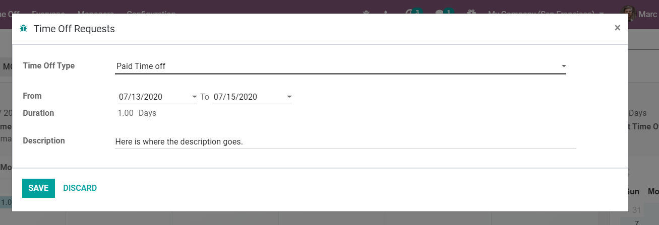Xem biểu mẫu yêu cầu thời gian nghỉ trong thời gian tắt Odoo