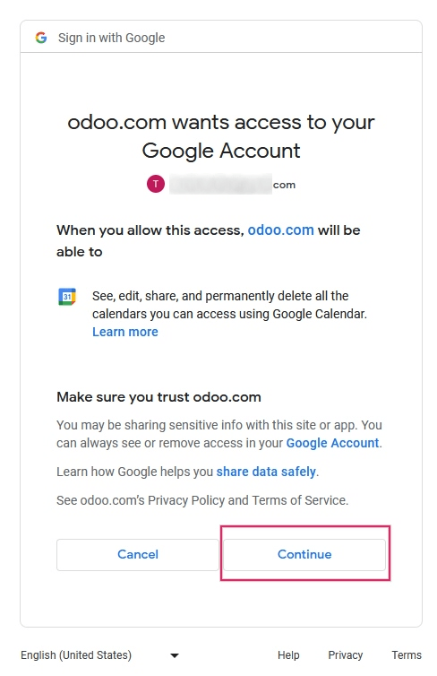 Cho phép Odoo để truy cập Lịch Google.