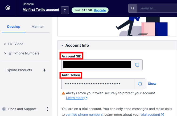 Tài khoản Twilio SID và mã thông báo Auth có thể được tìm thấy không có phần Thông tin tài khoản.