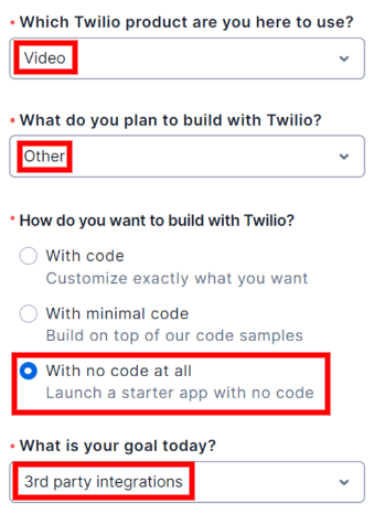 Trang chào mừng Twilio.
