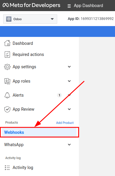 Điều hướng thủ công đến cấu hình WhatsApp Webhooks.